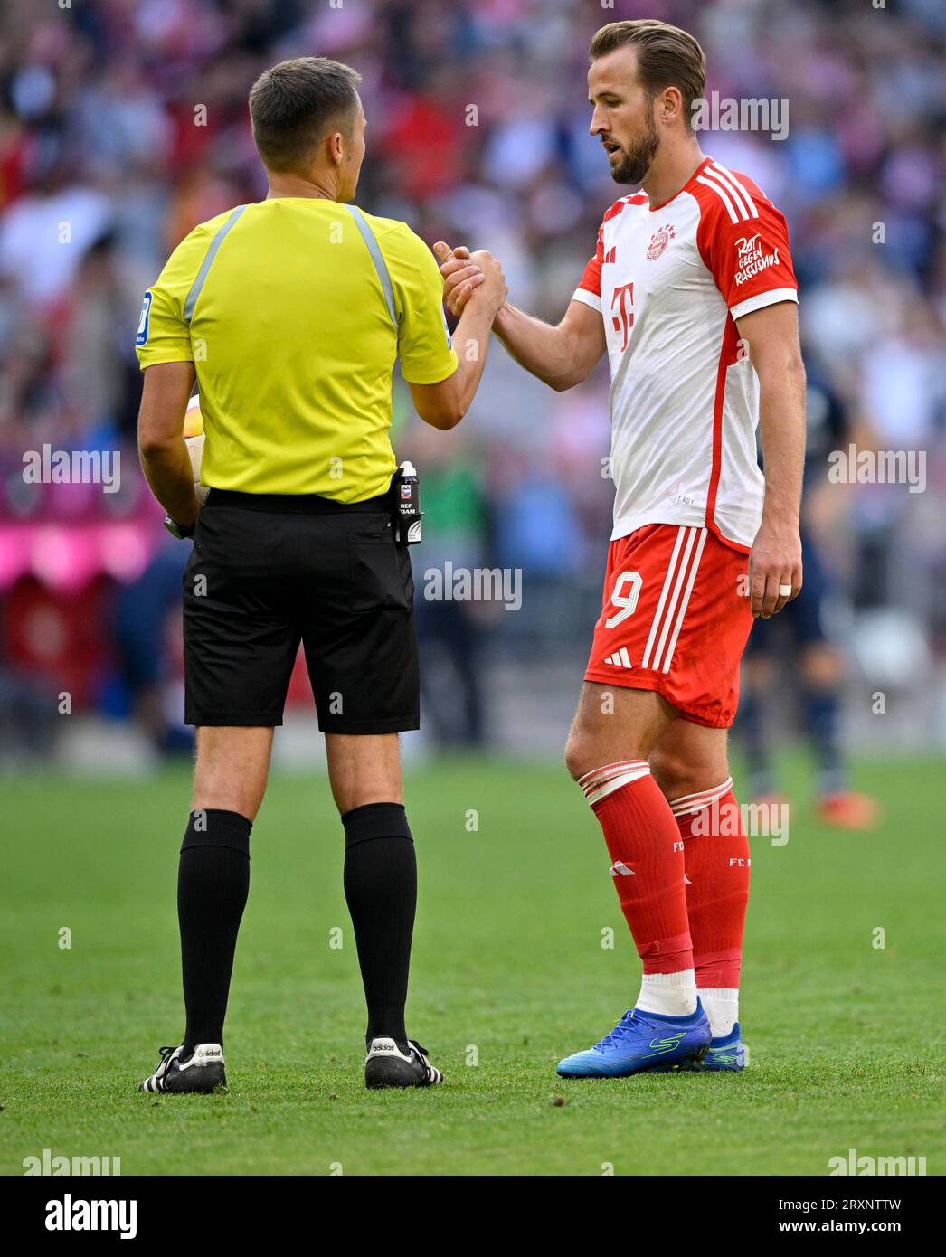 L'arbitro Robert Hartmann in conversazione con Harry Kane FC Bayern Monaco FCB (09) stringere la mano, Allianz Arena, Monaco, Baviera, Germania Foto Stock