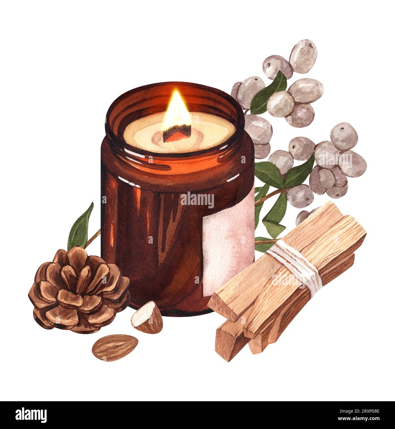 Set di acquerelli, candela di natale, vetro marrone con cono di pino, bastoncini Palo Santo e lampone. Composizione dell'illustrazione dipinta a mano ideale per salutare Foto Stock