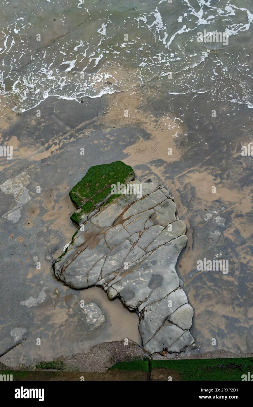 Veduta aerea della sporgenza calcarea con alghe verdi in acque poco profonde Foto Stock