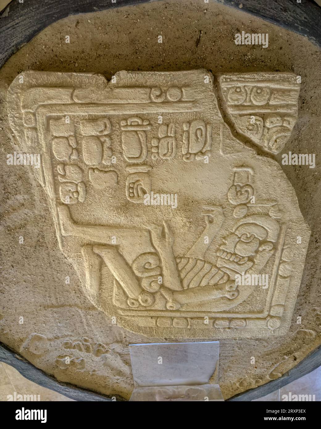 Replica del museo dell'altare 1 nella riserva archeologica di Xunantunich in Belize. L'originale si trova al British Museum. Foto Stock
