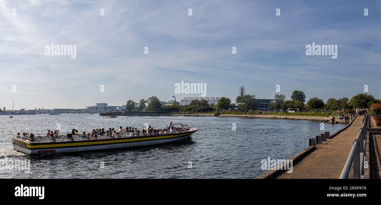 Turistas junto a la famosa estatua de bronce de la Sirenita en Copenhague, Dinamarca Foto Stock