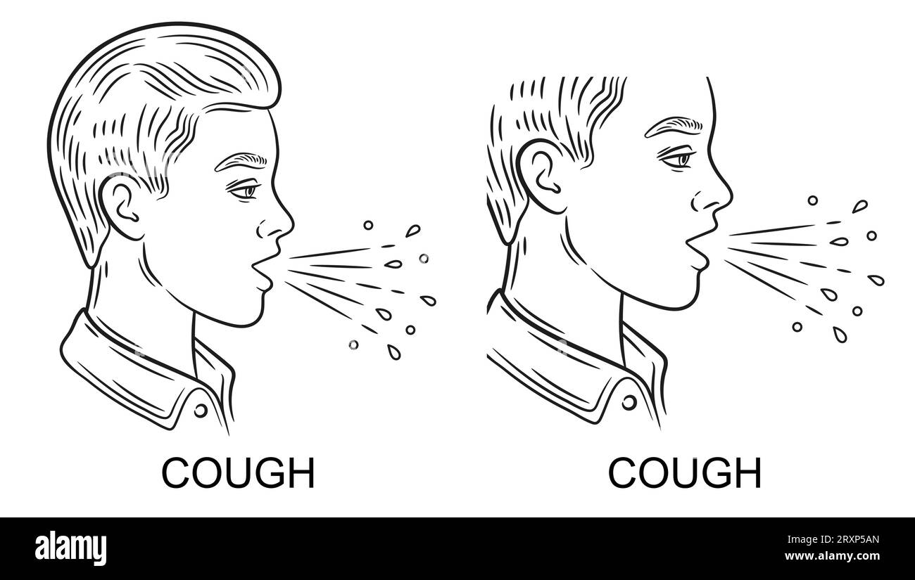 Tosse o starnuto persona malata, polmonite, mal di gola, influenza infezione da virus respiratorio malattia icona linea. Malessere uomo con allergia sintomo di asma. Vettore Illustrazione Vettoriale