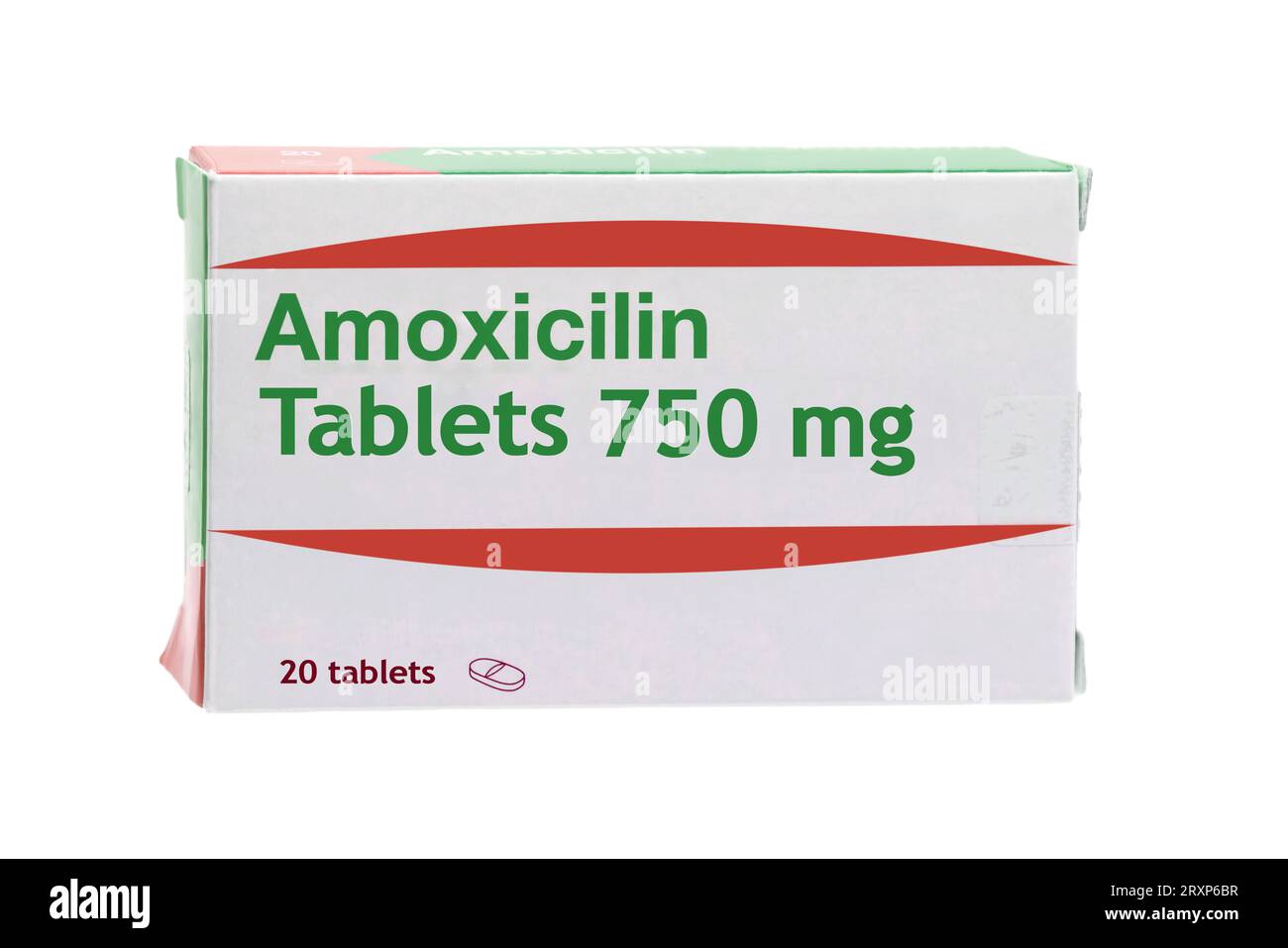Scatola generica di amoxicillina 750 mg, usata per trattare alcune infezioni causate da batteri. L'amoxicillina è un antibiotico simile alla penicillina Foto Stock