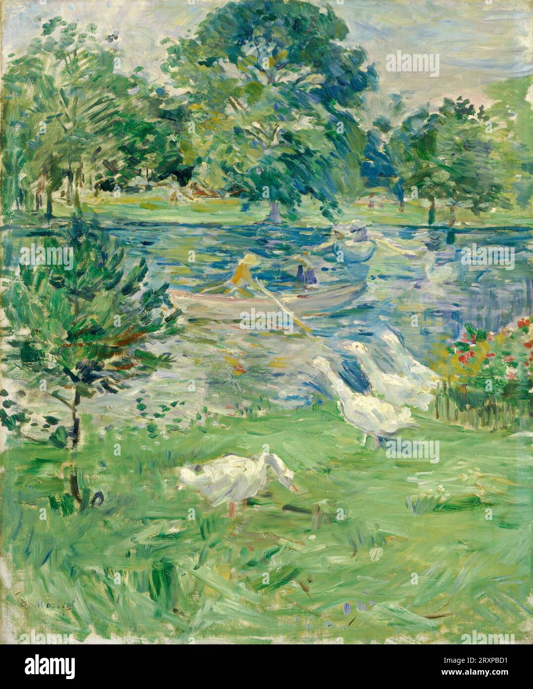 Titolo: Ragazza in barca con oche artista: Berthe Morisot Data: c. 1889 Medio: Olio su tela dimensioni: 65,4 x 54,6 cm ubicazione: National Gallery of Art, Washington, D.C. contenuto: Un dipinto di una giovane ragazza in una barca con quattro oche. La ragazza indossa un vestito giallo e un cappello bianco. Le oche sono bianche e grigie. Lo sfondo è un paesaggio verde lussureggiante Foto Stock