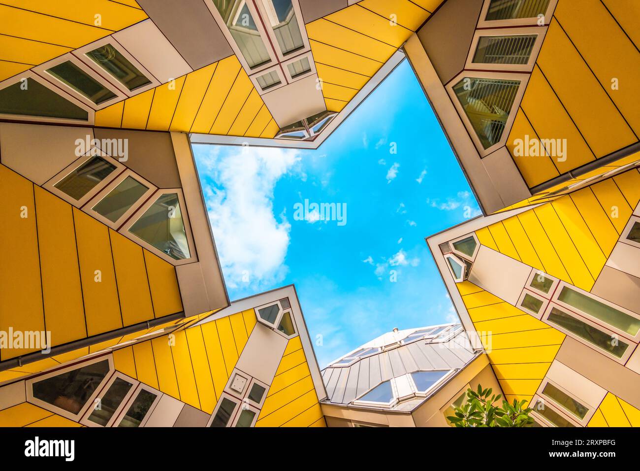 Rotterdam, Paesi Bassi - 18 luglio 2023: Case a cubo giallo a Rotterdam disegnate da Piet Blom. Vista dal basso dell'architetto moderno e innovativo astratto Foto Stock