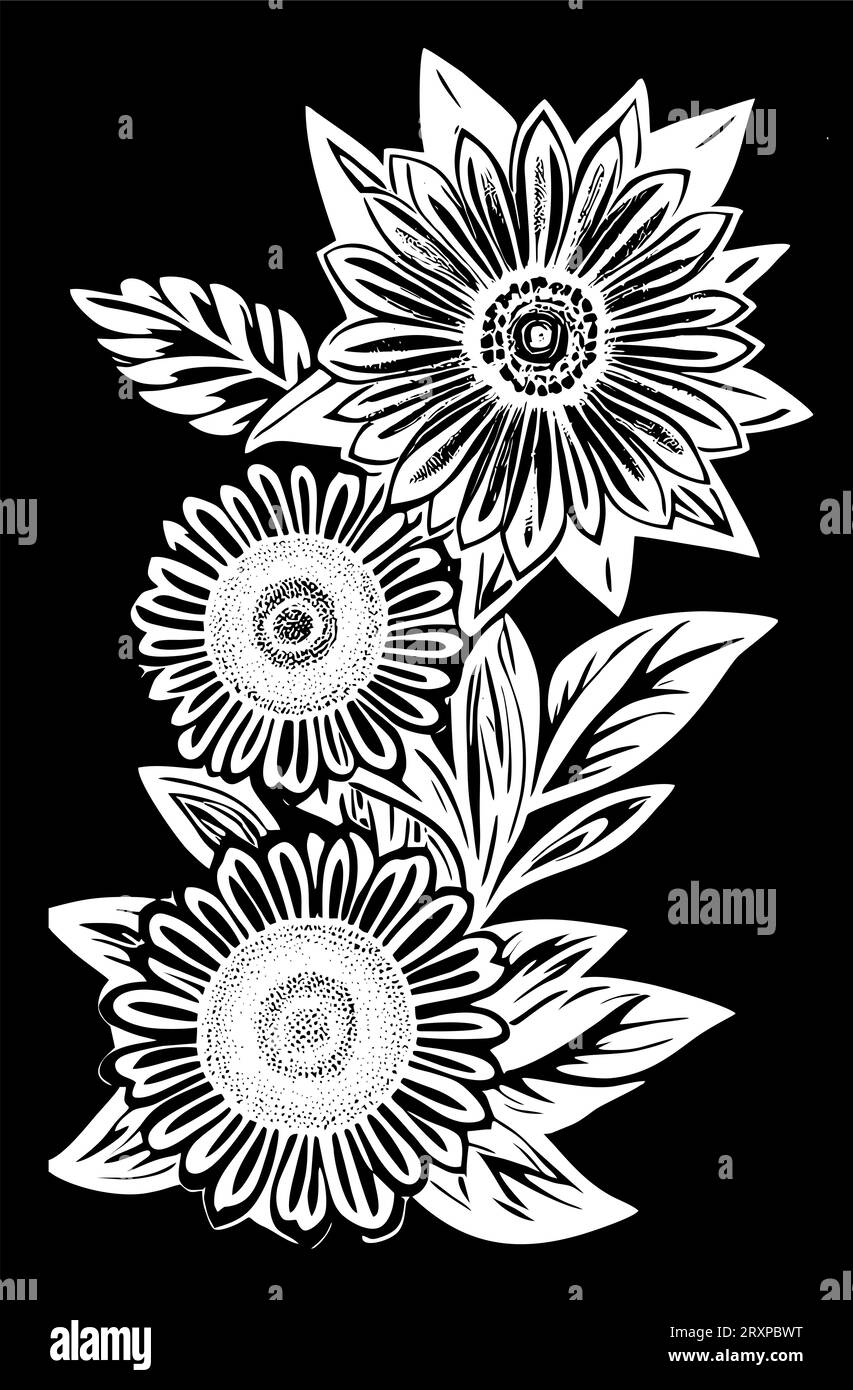 disegno grafico bianco di contorno di un bouquet di fiori su sfondo nero, disegno Foto Stock