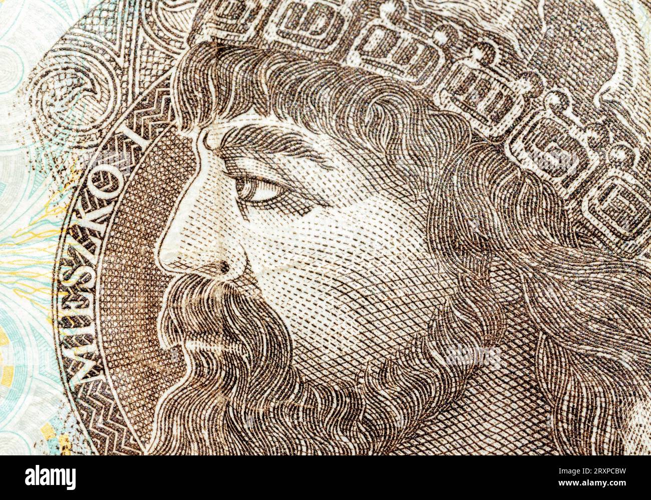 Il re polacco Mieszko i su una banconota da 10 zl e 10 zloty, dettaglio macro, primo piano estremo, ritratto, faccia da vicino. Polonia, storia polacca, cultura Foto Stock