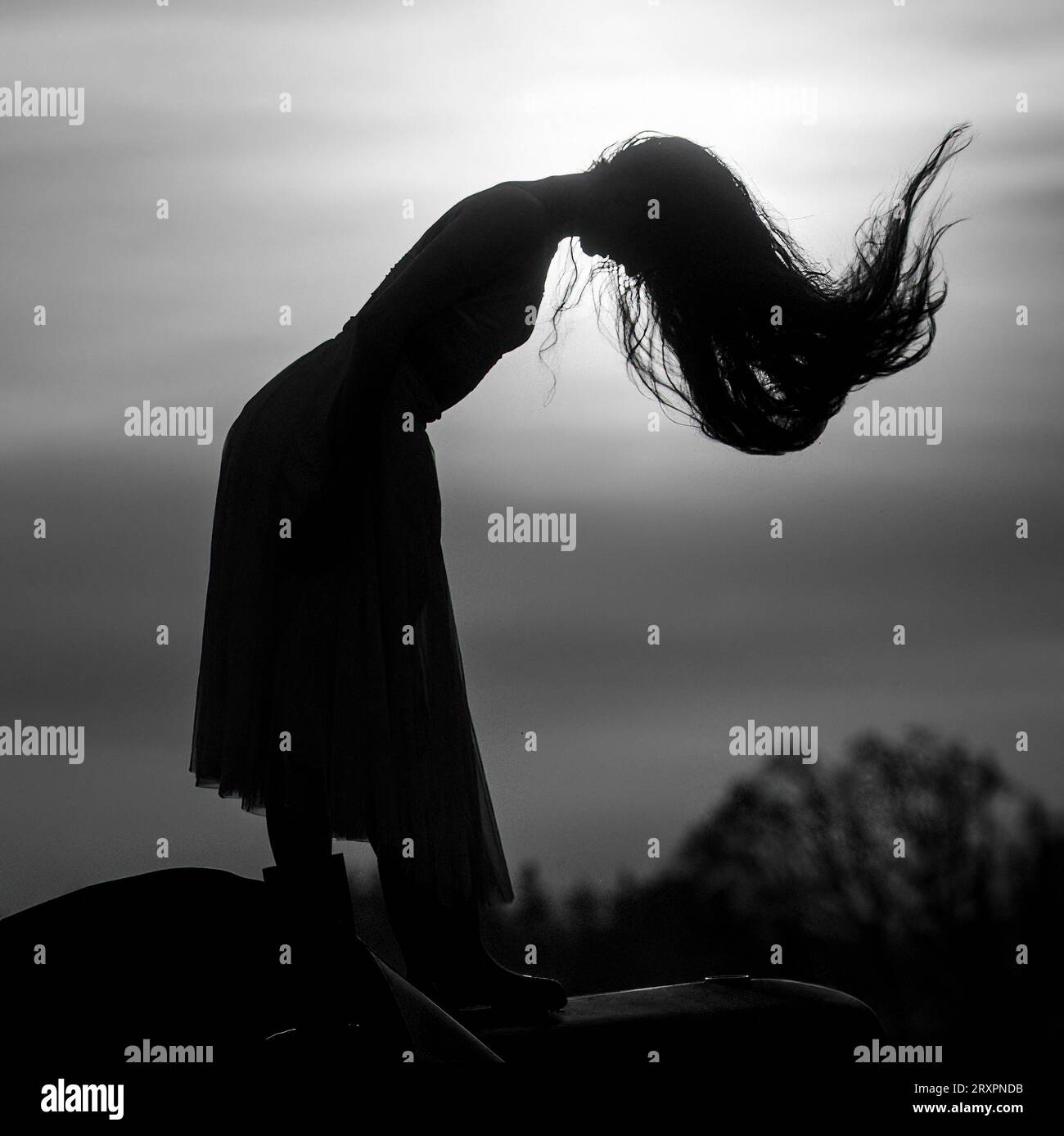Silhouette di donna a pelo lungo in piedi contro il tramonto del sole Foto Stock