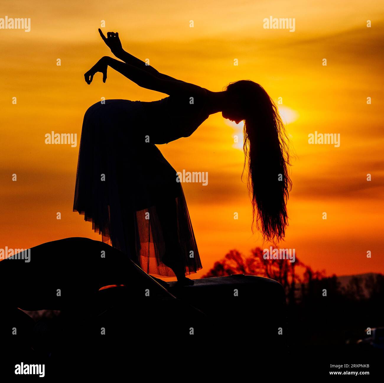 Silhouette di donna dai capelli lunghi che posa contro il tramonto Foto Stock