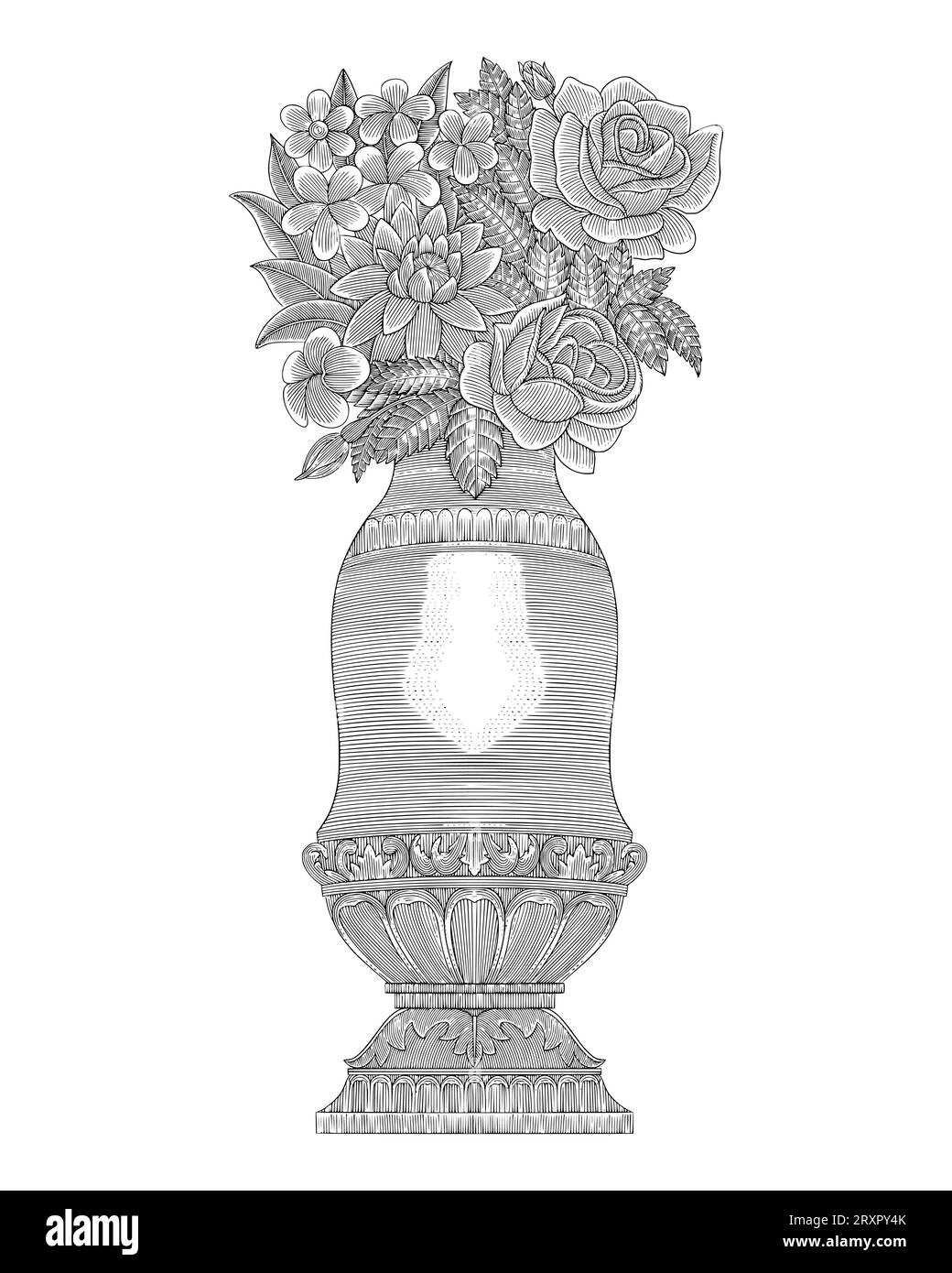 rose e fiori di frangipani con ornamento antico vaso medievale, disegno a mano in stile vintage incisione Illustrazione Vettoriale