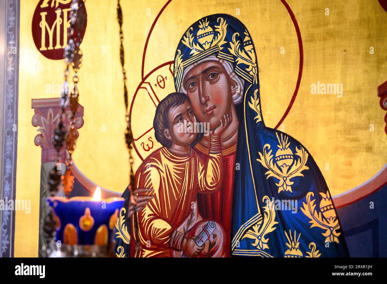 Un'icona Eleusa della Beata madre di Dio con Gesù bambino. Il monastero di Žitomislić, Bosnia ed Erzegovina. Foto Stock