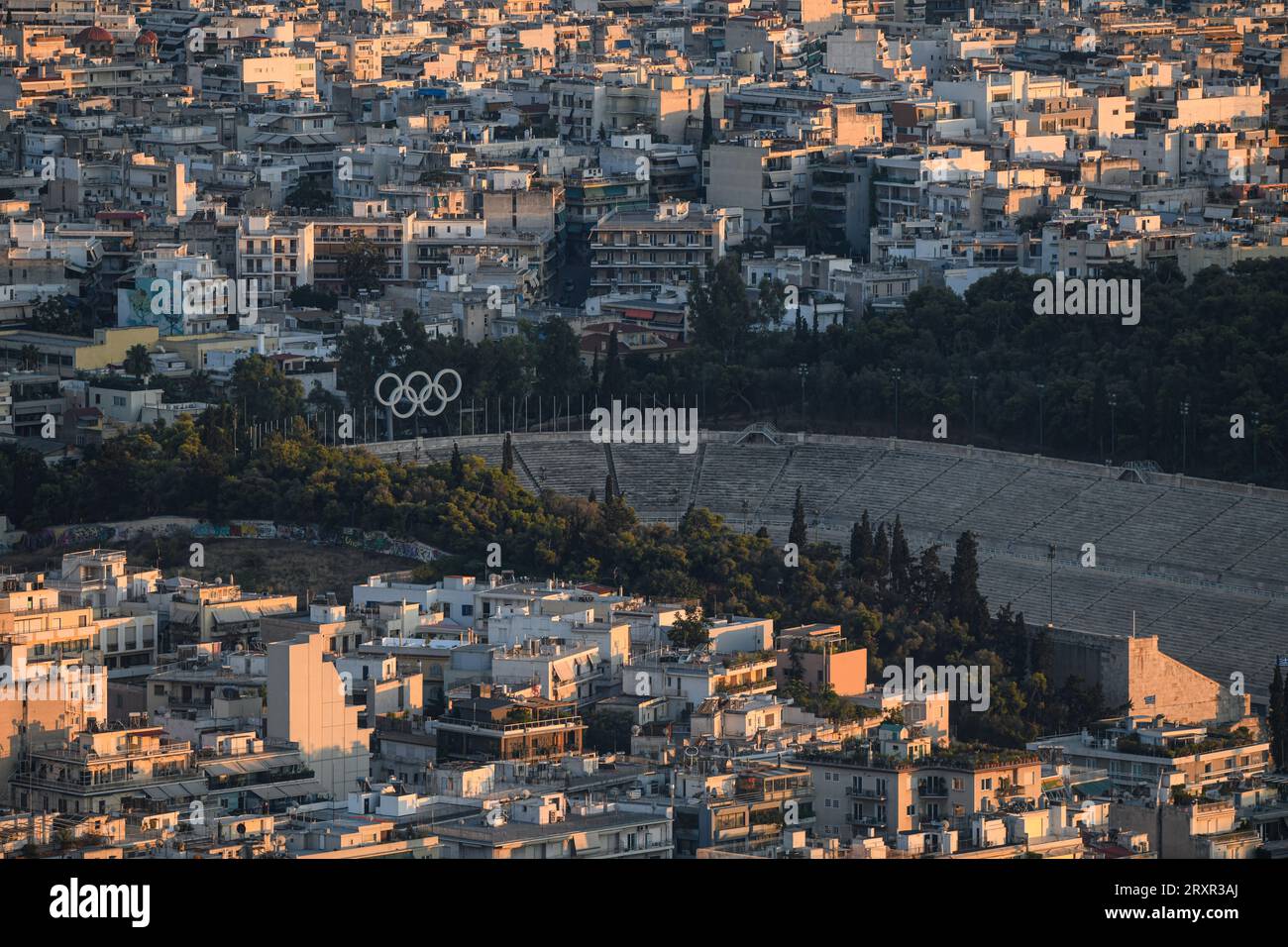 Stadio olimpico Panathenaic, vista dal monte Lycabettus. Atene, Grecia Foto Stock