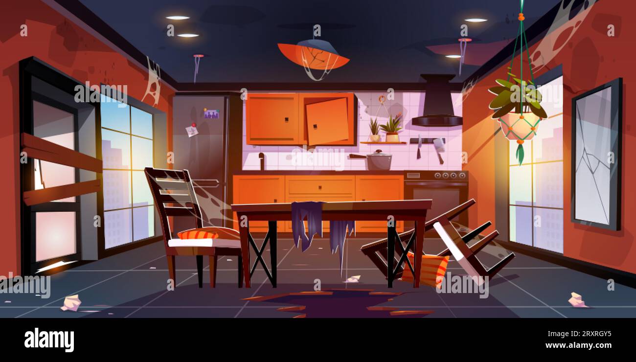 L'interno della cucina è stato distrutto nell'appartamento urbano. Illustrazione vettoriale di sala da pranzo abbandonata con mobili rotti, pavimento disordinato, polvere, macchie, Illustrazione Vettoriale