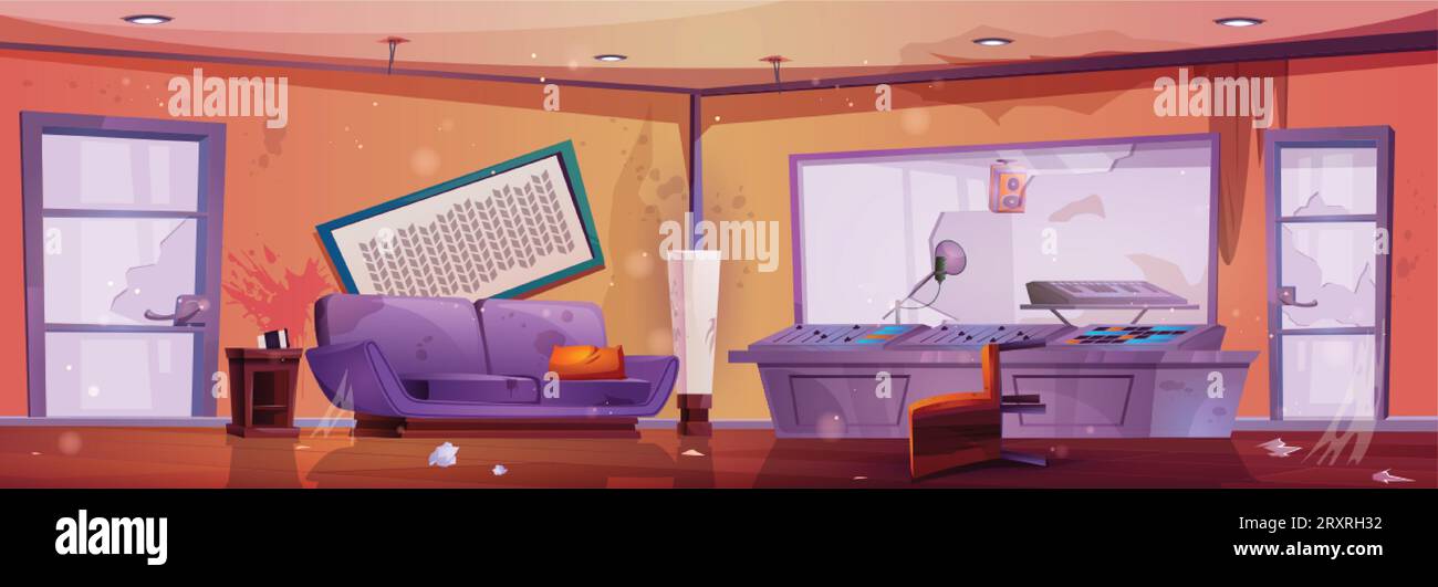 Guasto nella sala dello studio di registrazione abbandonata. Mobili e porte distrutti, divano e postazione di lavoro distrutti, vetro frantumato, ragnatela ovunque. C Illustrazione Vettoriale