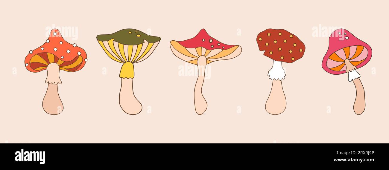 Funghi ruvidi. Elementi vintage astratti. Illustrazione vettoriale hippie in stile cartone animato piatto. Funghi funghi psichedelici. Illustrazione Vettoriale