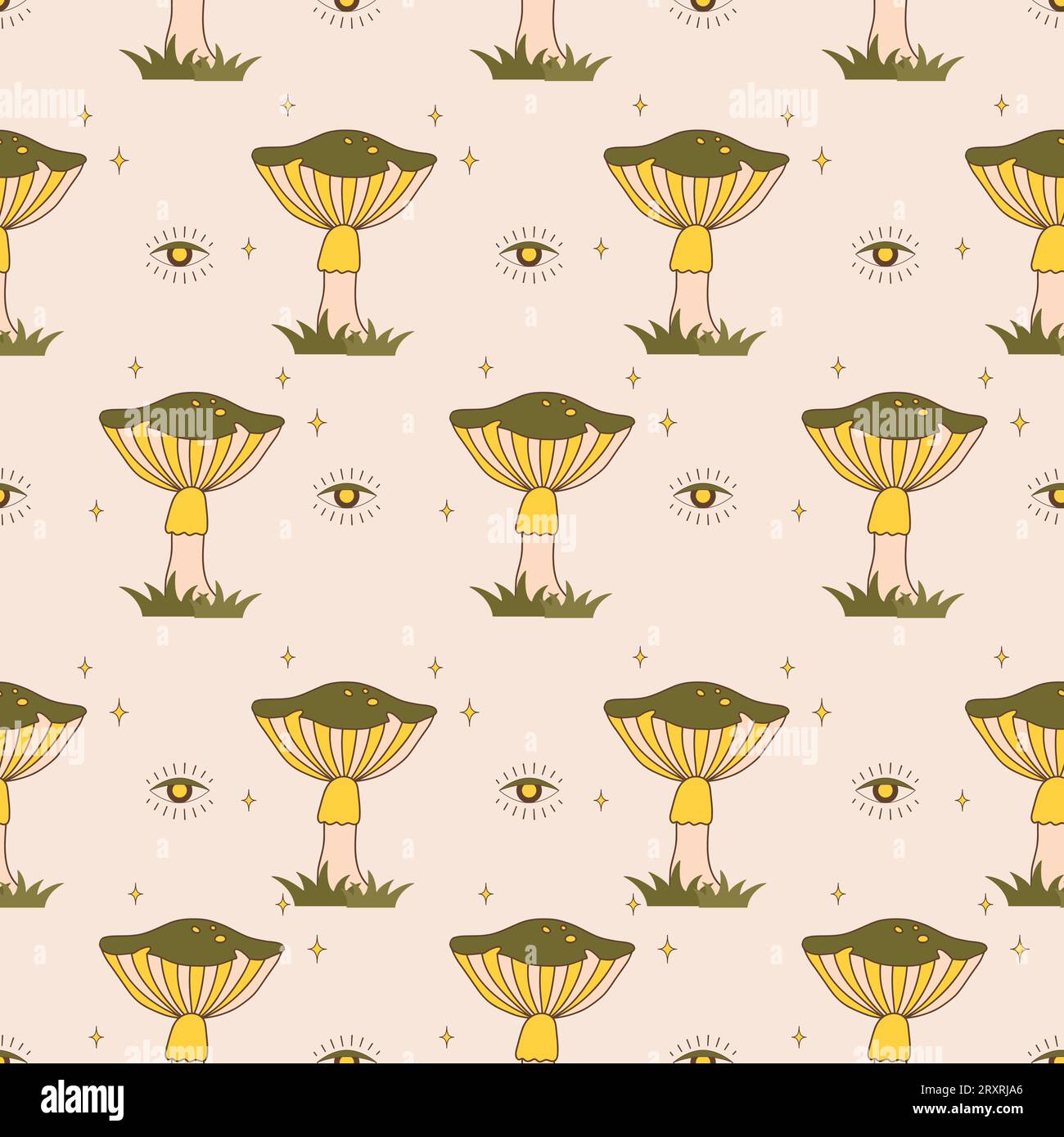 Modello senza cuciture con funghi ruvidi. Agarico vintage astratto. Illustrazione vettoriale hippie in stile cartone animato piatto. Background psichedelico Illustrazione Vettoriale