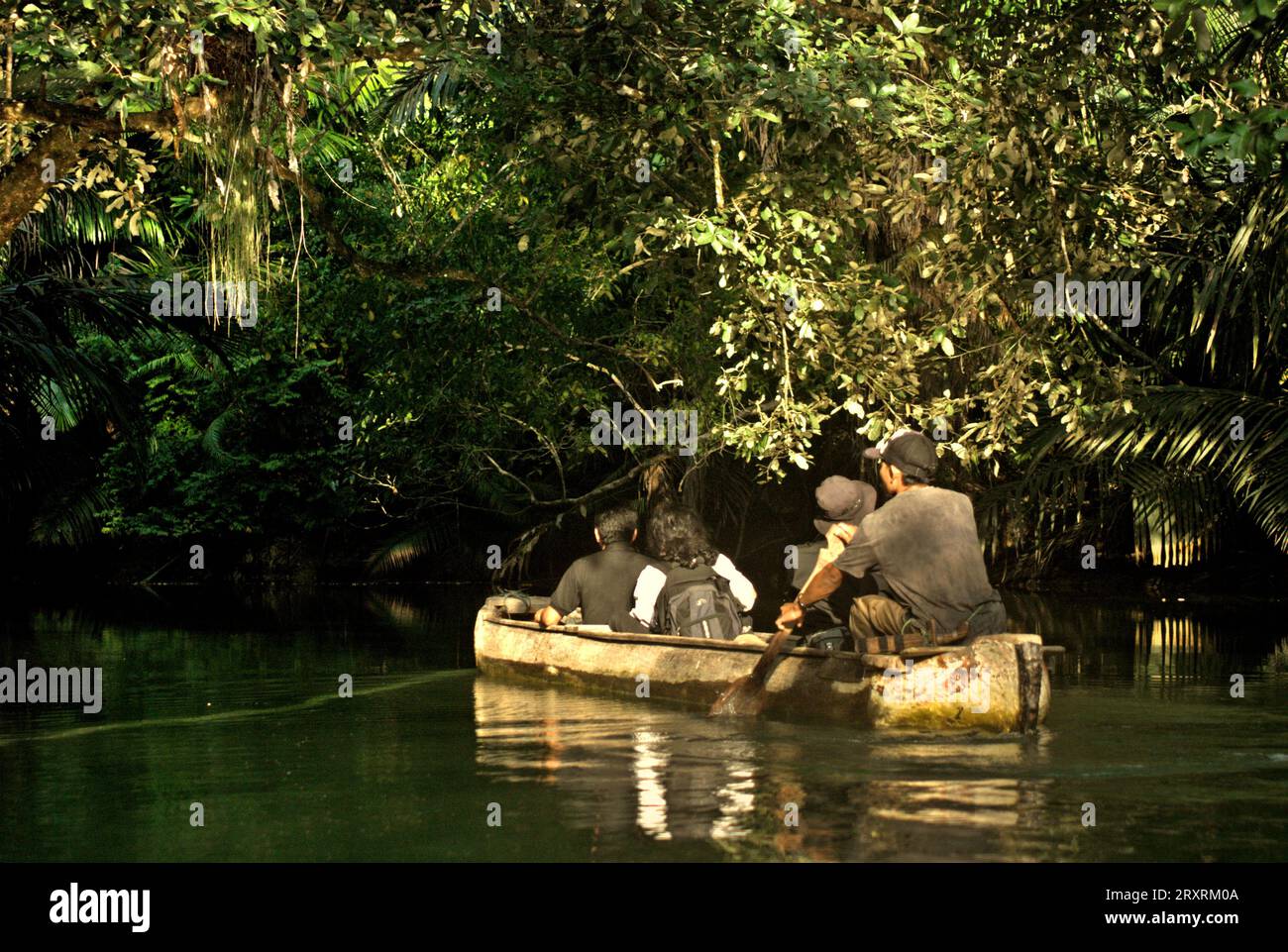 I ranger del parco nazionale e un giornalista viaggiano in barca mentre fanno un'escursione sul fiume Cigenter, situato nell'isola di Handeuleum, una parte del Parco nazionale Ujung Kulon a Pandeglang, Banten, Indonesia. Un parco nazionale ben gestito ha una strategia competente e appropriata per prevenire la perdita di biodiversità e i cambiamenti climatici e migliorare la società locale mantenendo al contempo il funzionamento essenziale dell'ecosistema, da cui dipende l'umanità in tutto il mondo, secondo gli scienziati. Foto Stock