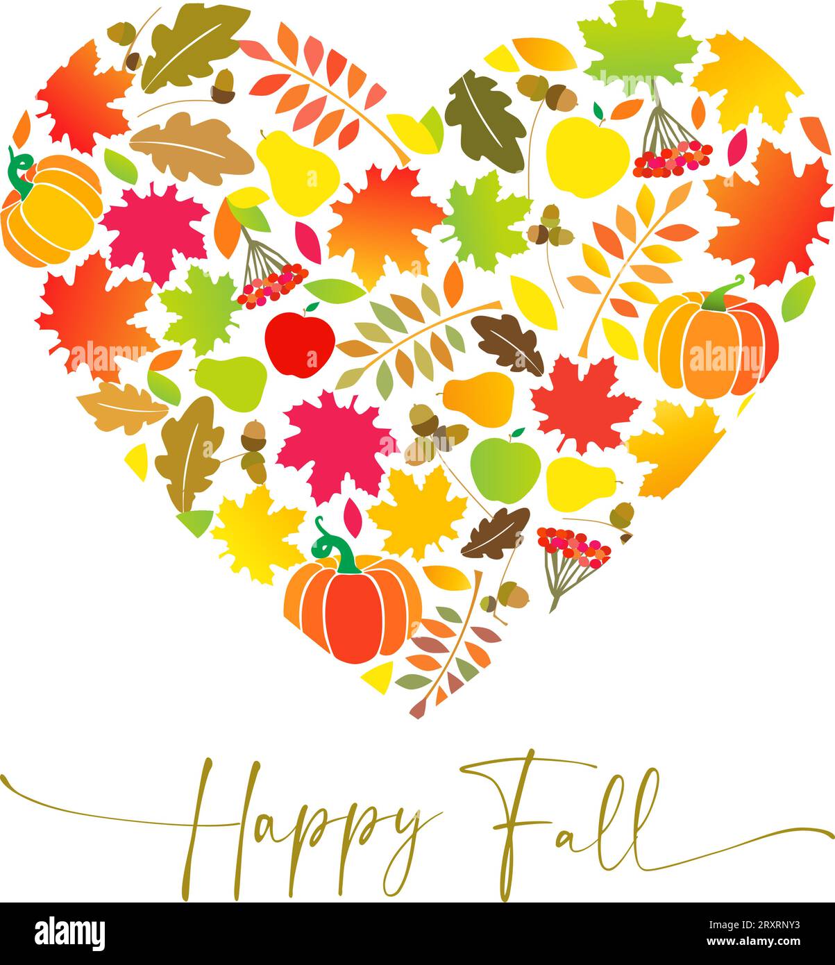 Poster creativo felice autunno. Carina forma a cuore. Foglie isolate rosse, verdi, arancioni e gialle. Banner autunnale di benvenuto. Buon Ringraziamento Illustrazione Vettoriale