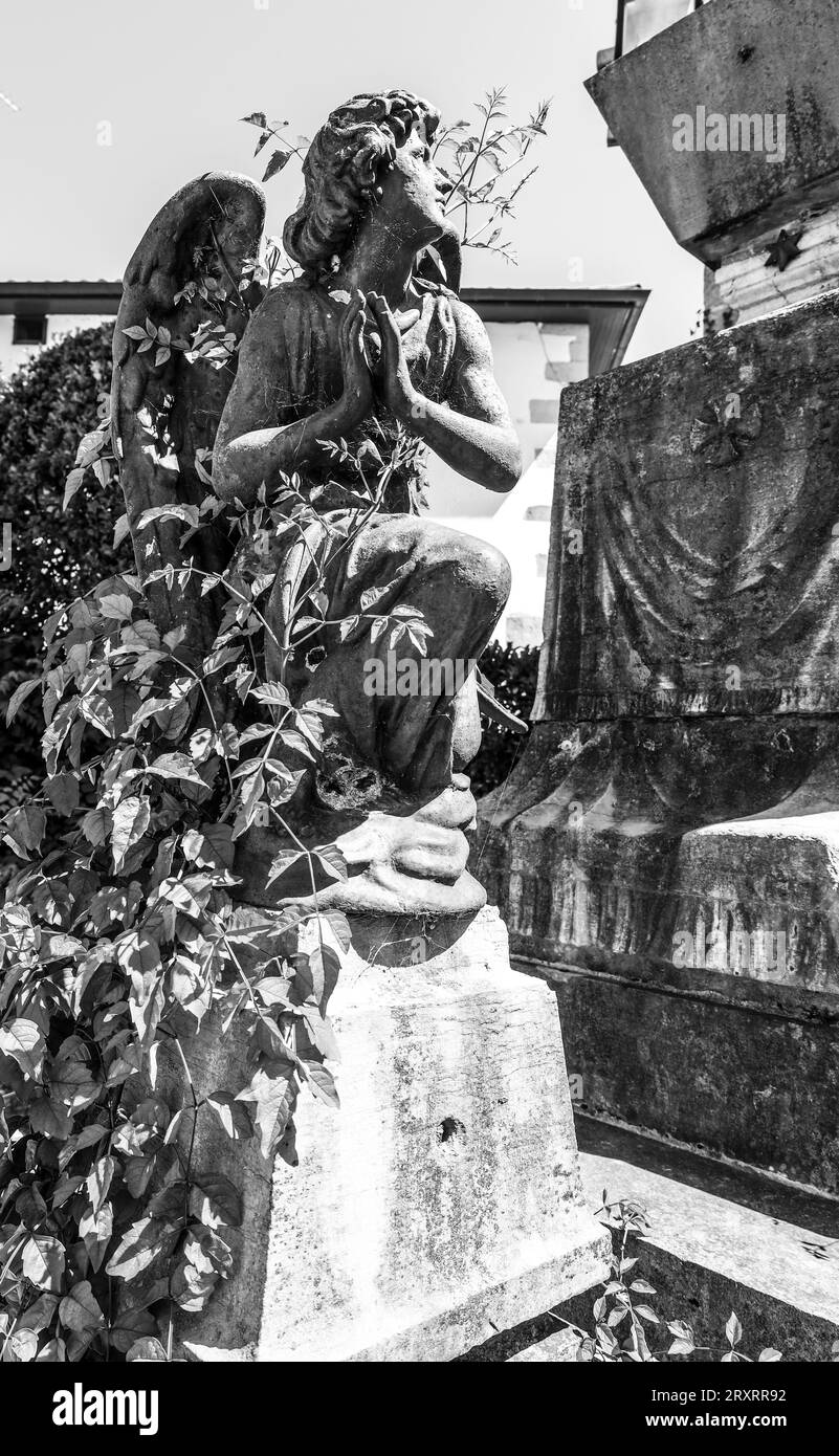 Sare, Francia - 11 agosto 2023: Statua in pietra di un angelo nel cimitero di Saint-Martin a Sare Foto Stock