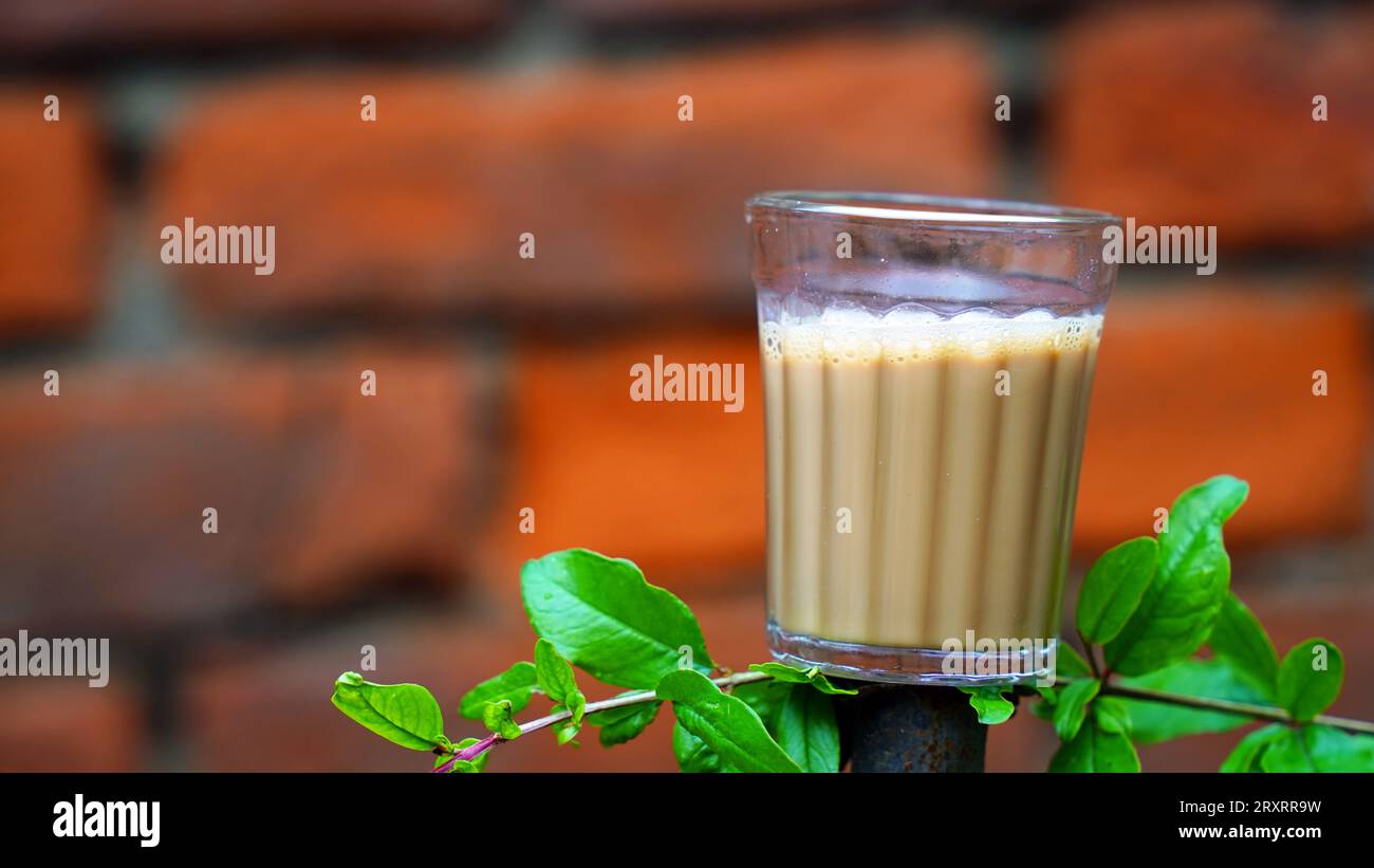 Tè di masala indiano o chai in vetro tradizionale, sfondo di legno. caffè, retrò, ristorante, hotel. Il chai di taglio di prima mattina Foto Stock