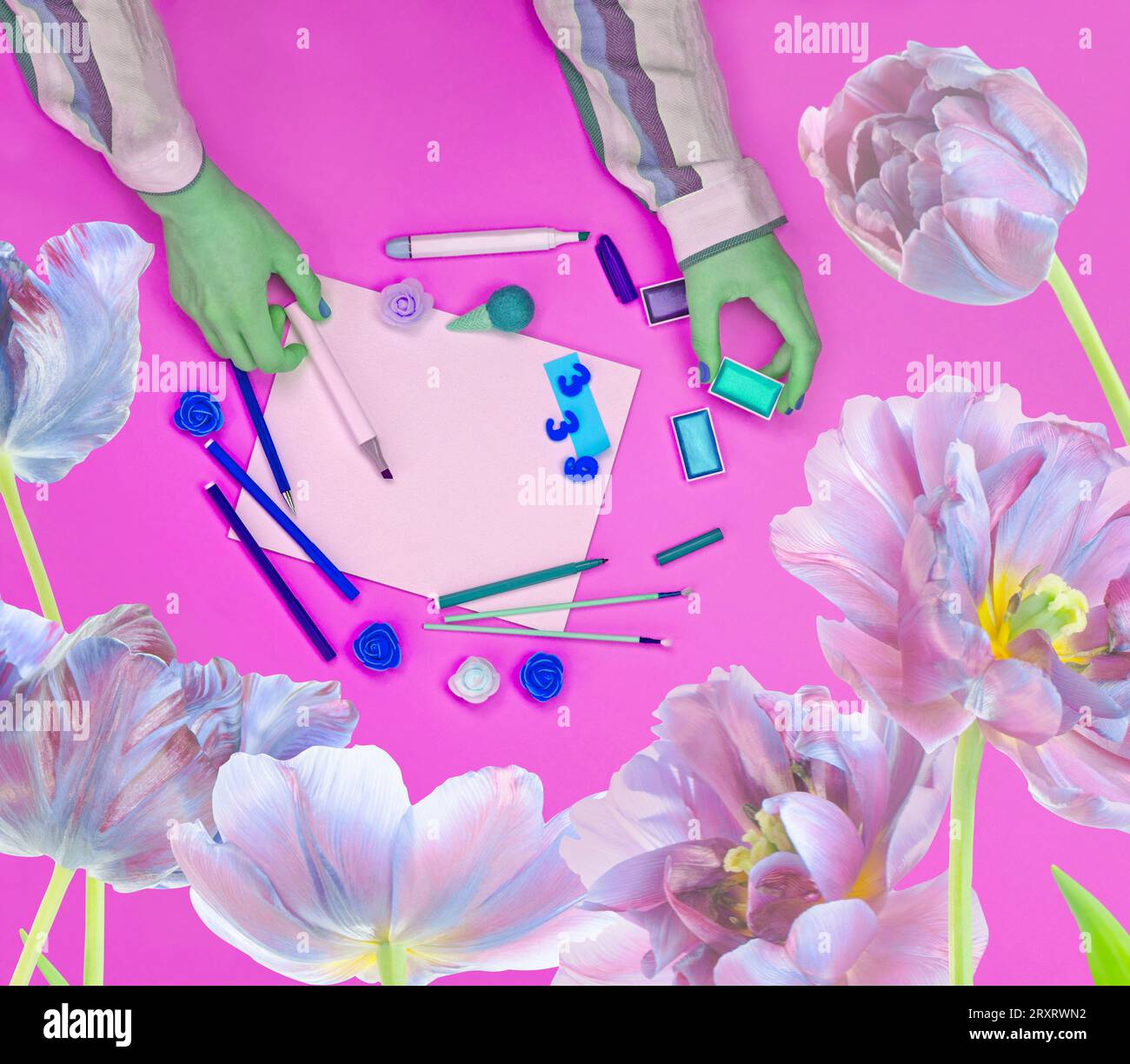 Mani artistiche, forniture artistiche e cancelleria per riprese creative in studio con luce mista.accessori creativi futuristici Cyber con colori vivaci Foto Stock