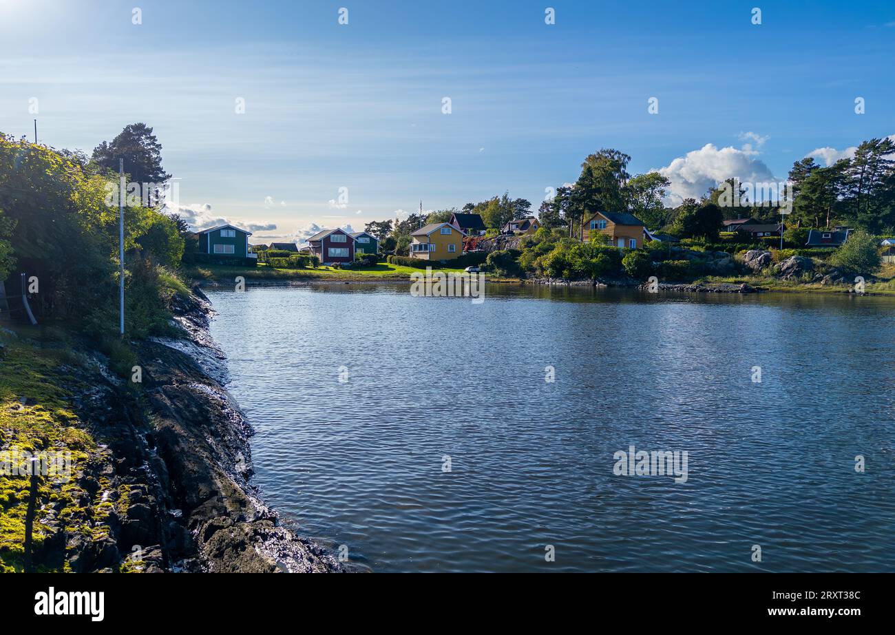 Case colorate sull'isola di Oslo, Norvegia. Visita turistica di Oslo. Foto Stock