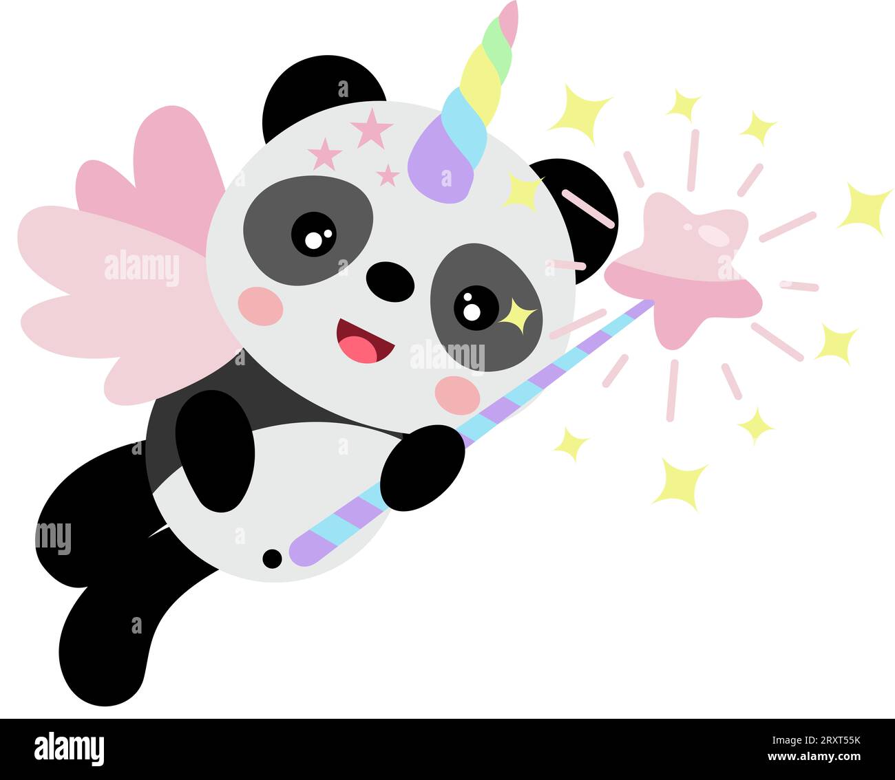 Panda unicorno con ali che reggono una bacchetta magica stellare Foto Stock