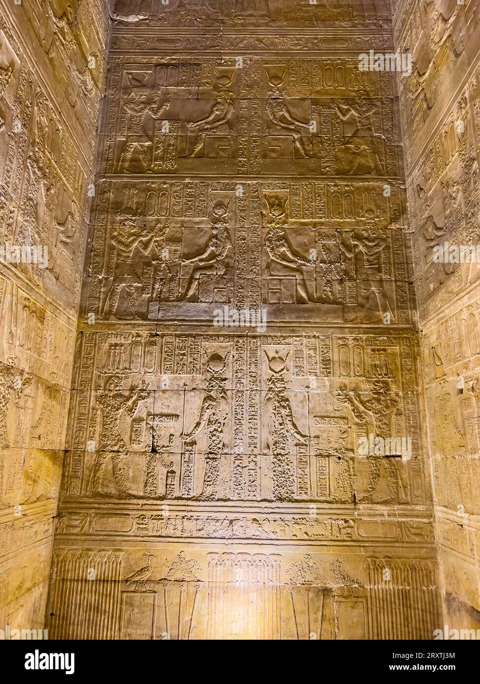 Vista interna dei rilievi all'interno del Tempio di Hathor, del complesso del Tempio di Dendera, Dendera, Egitto, Nord Africa, Africa Foto Stock