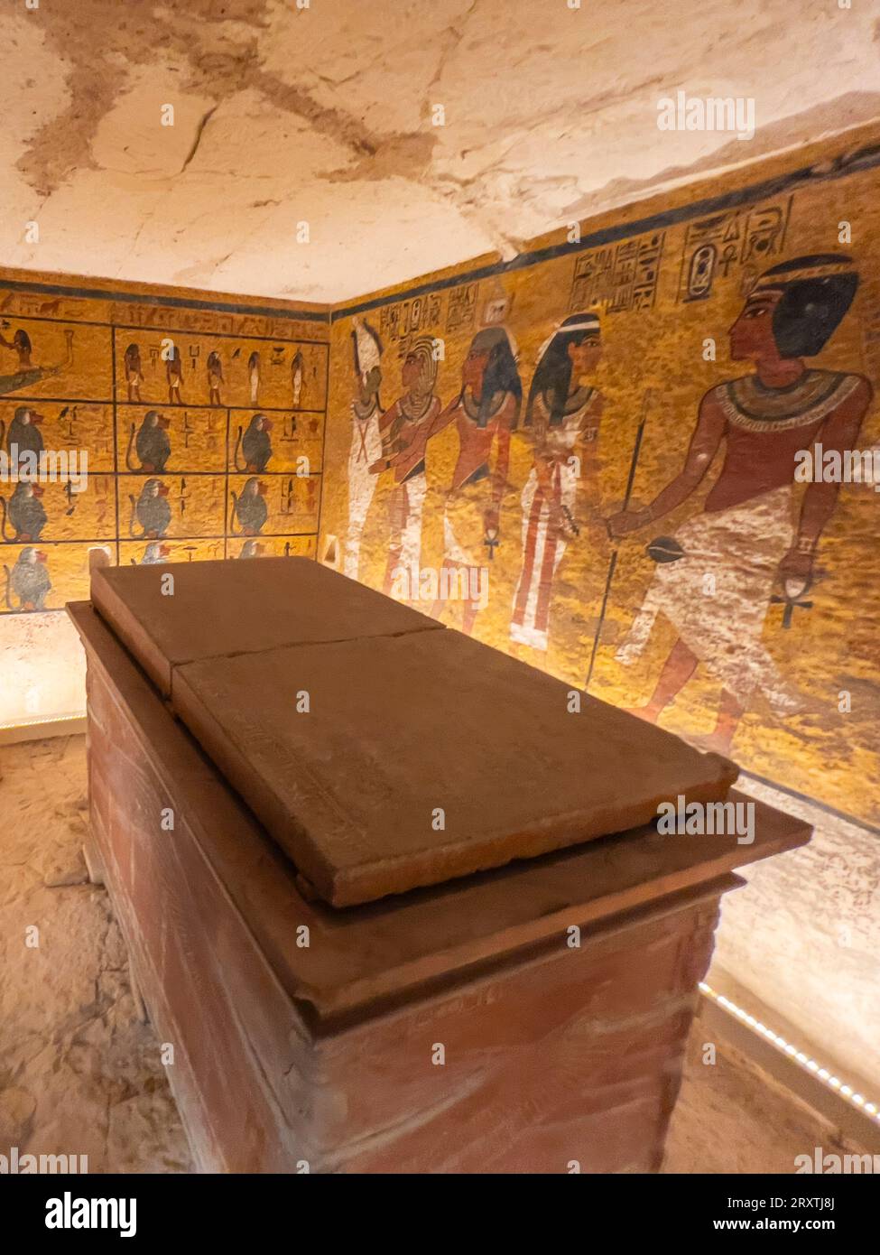 Rilievi e dipinti nella tomba di Tutankhamon, con il suo sarcofago, la Valle dei Re, patrimonio dell'umanità dell'UNESCO, Tebe, Egitto, Nord Africa Foto Stock