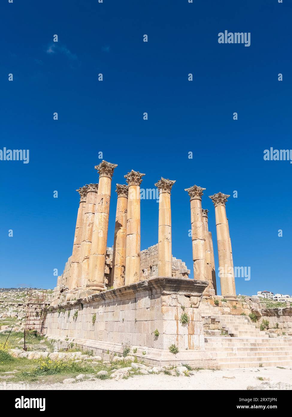 Colonne incorniciano un edificio nell'antica città di Jerash, che si ritiene sia stato fondato nel 331 a.C. da Alessandro Magno, Jerash, Giordania, Medio Oriente Foto Stock