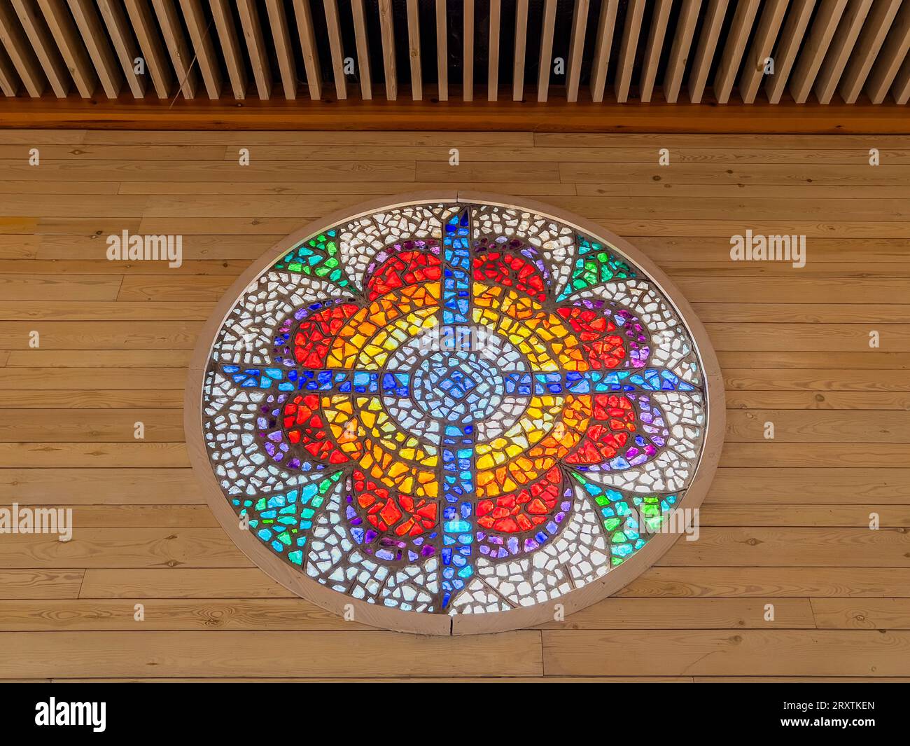 Vista interna della chiesa cristiana di epoca bizantina che sorge sulla cima del monte Nebo, Giordania, Medio Oriente Foto Stock