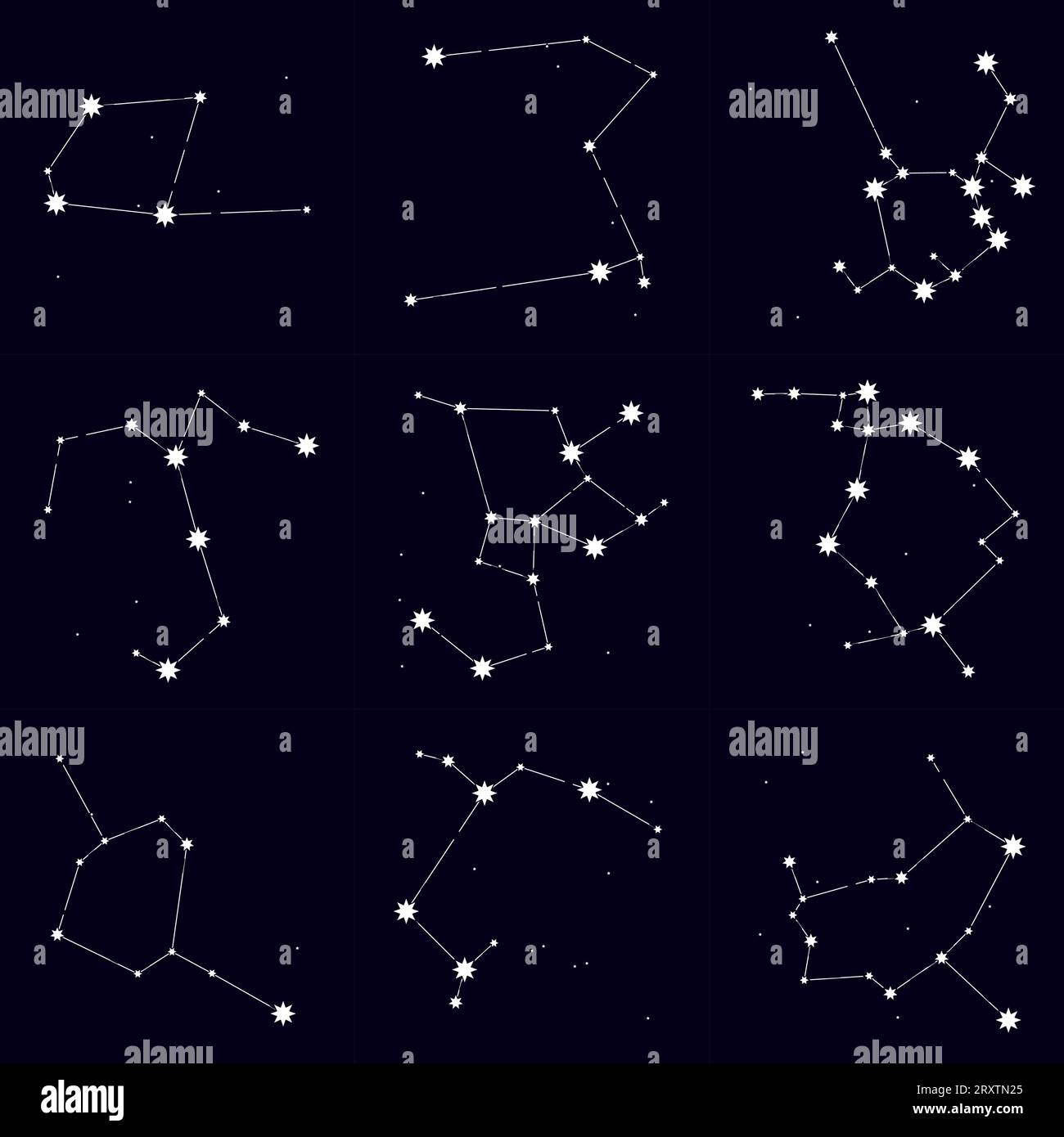 Collezione di costellazioni fiabesche contro il cielo notturno. Accumulo e associazione di stelle in segni e simboli astrologici. Astrology backgr Illustrazione Vettoriale