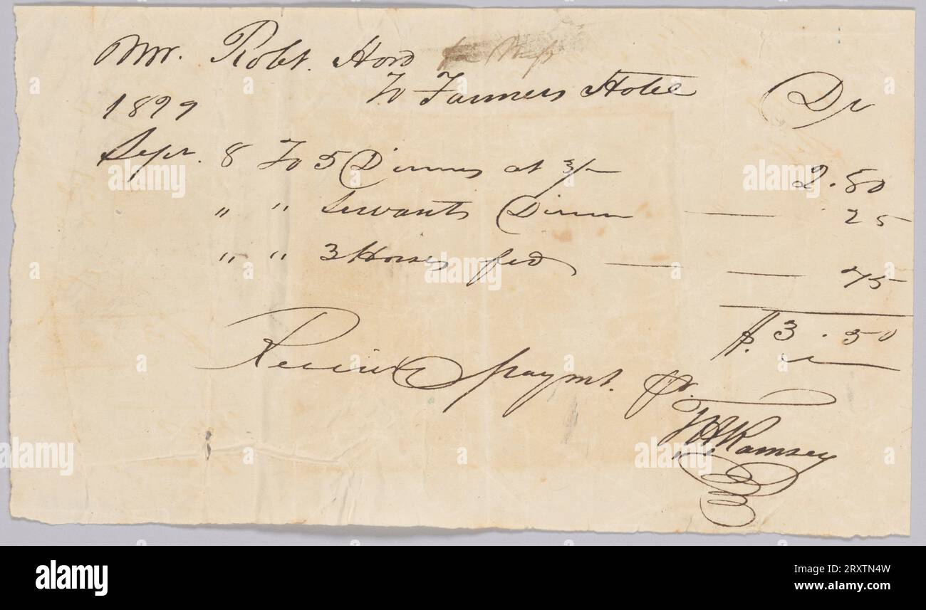Ricevuta per "cene, servitori e cavalli nutriti" presso l'hotel Farmers, 8 settembre 1819 Foto Stock