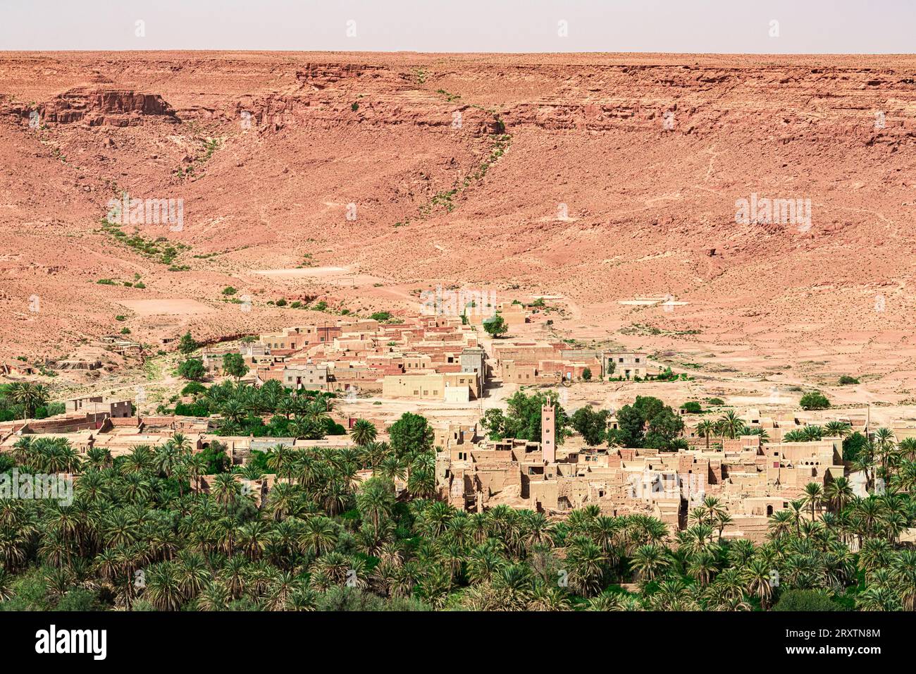 Villaggio storico in un'oasi desertica incorniciata da gole maestose, valle di Ziz, montagne dell'Atlante, Marocco, Nord Africa, Africa Foto Stock