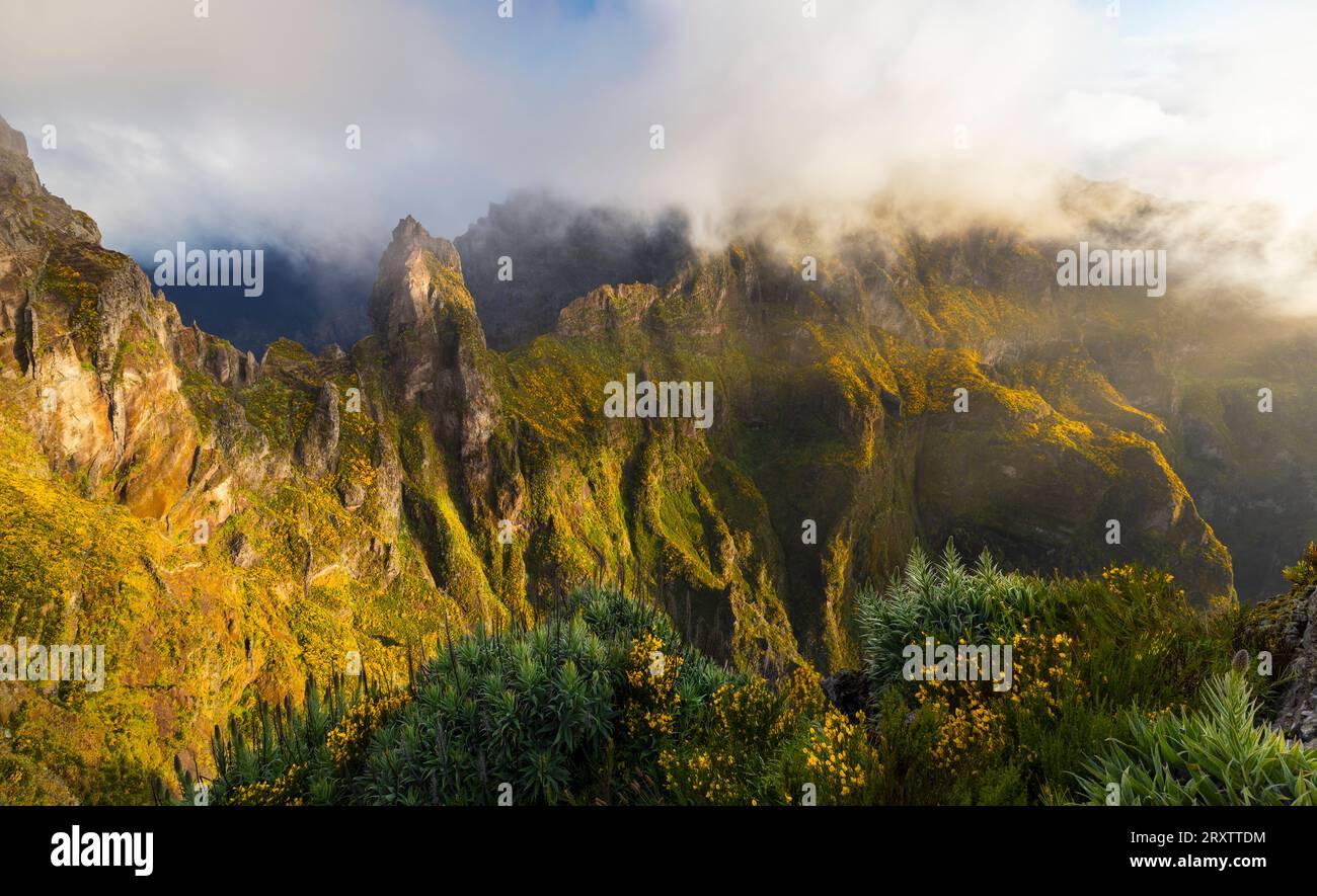 Vista da Miradouro do Ninho da Manta di Pico do Arieiro all'alba, Madeira, Portogallo, Atlantico, Europa Foto Stock