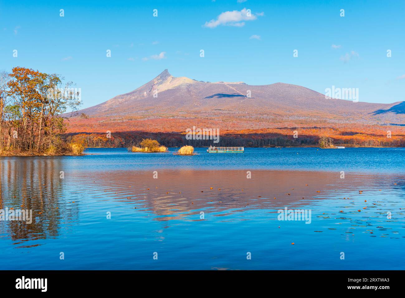 I vivaci colori autunnali si riflettono nel lago Onuma, con vista sul vulcano Hokkaido Koma-ga-Take, Onuma, Hokkaido, Giappone, Asia Foto Stock