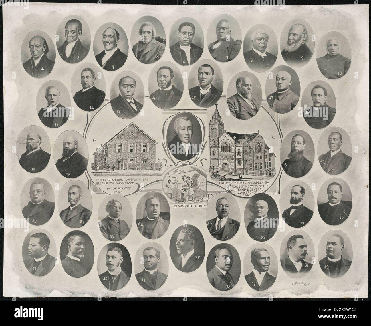 Mother Bethel A.M.E. ChurchAn poster storico senza titolo di due incisioni raffiguranti la A.M.E. Mother Bethel Church di Filadelfia al centro circondato da fotografie di ritratti ovali in bianco e nero dei vari ministri e vescovo della chiesa, a cominciare da Richard Allen, il Foto Stock