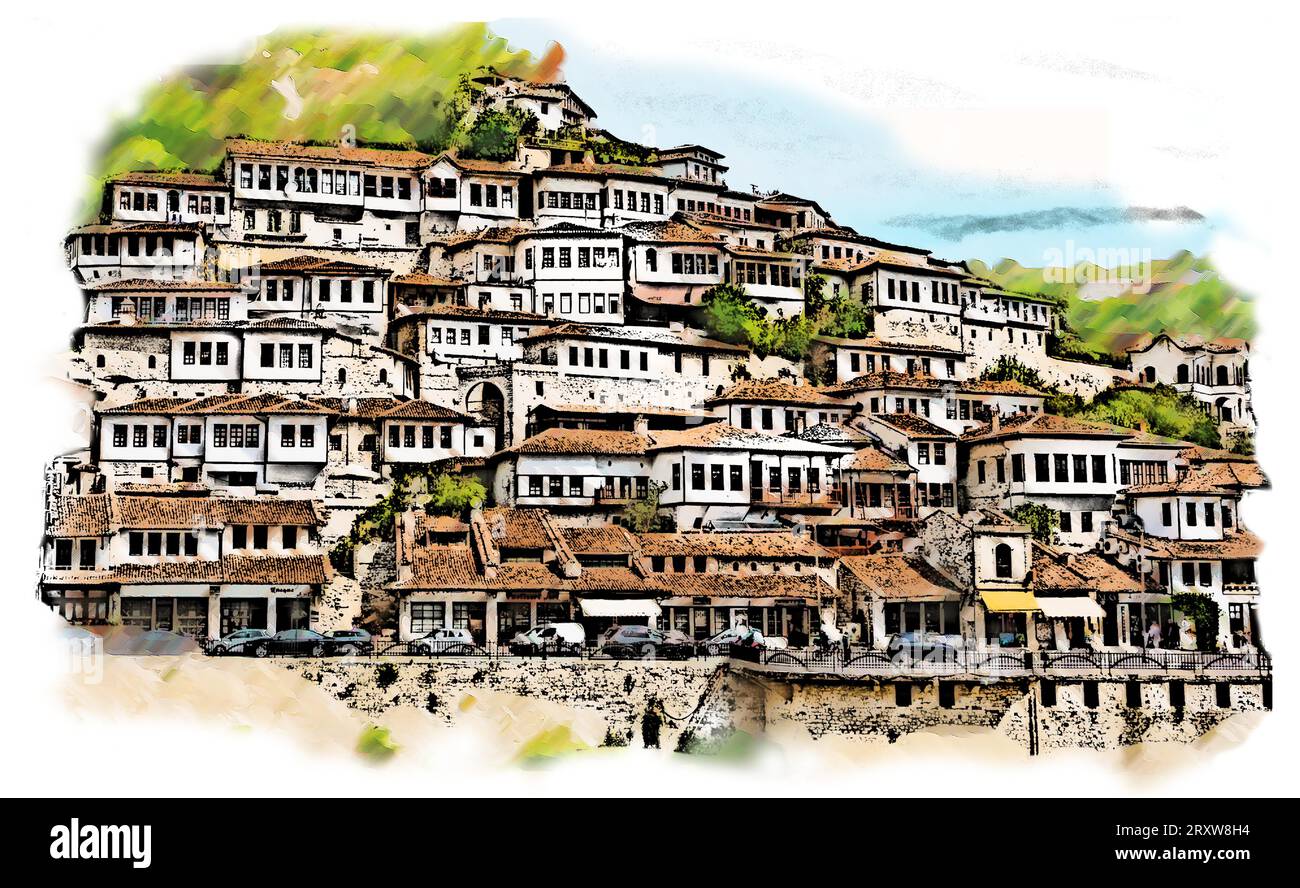 Albania, disegni a colori e linee della città di Berat, vecchie case medievali del quartiere di Mangalem, illustrazione vettoriale Illustrazione Vettoriale