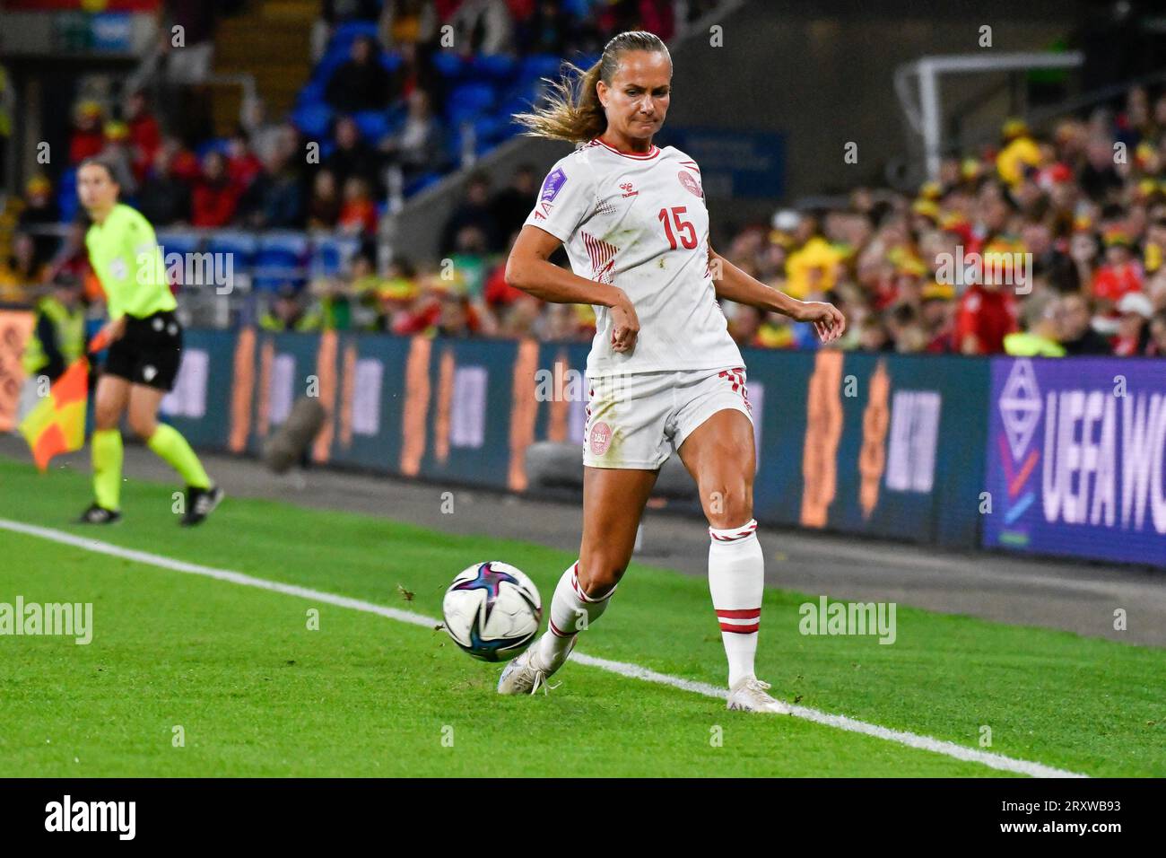 Cardiff, Galles. 26 settembre 2023. Frederikke¿gersen della Danimarca in azione durante la partita della UEFA Women's Nations League tra Galles e Danimarca al Cardiff City Stadium di Cardiff, Galles, Regno Unito, il 26 settembre 2023. Crediti: Duncan Thomas/Majestic Media. Foto Stock