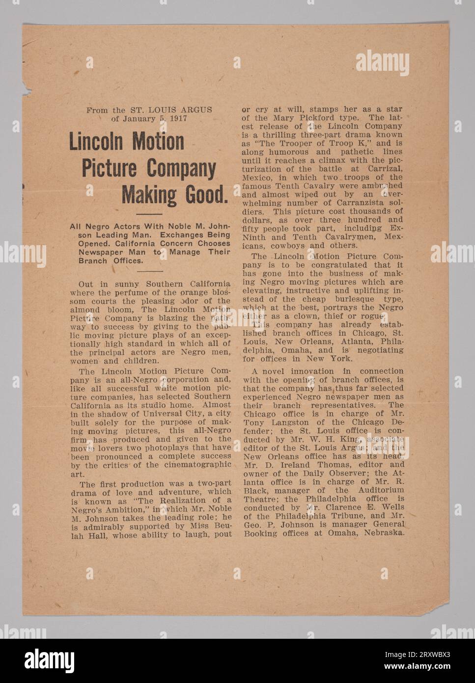 Comunicato stampa della Lincoln Motion Picture Company 5 gennaio 1917 Foto Stock