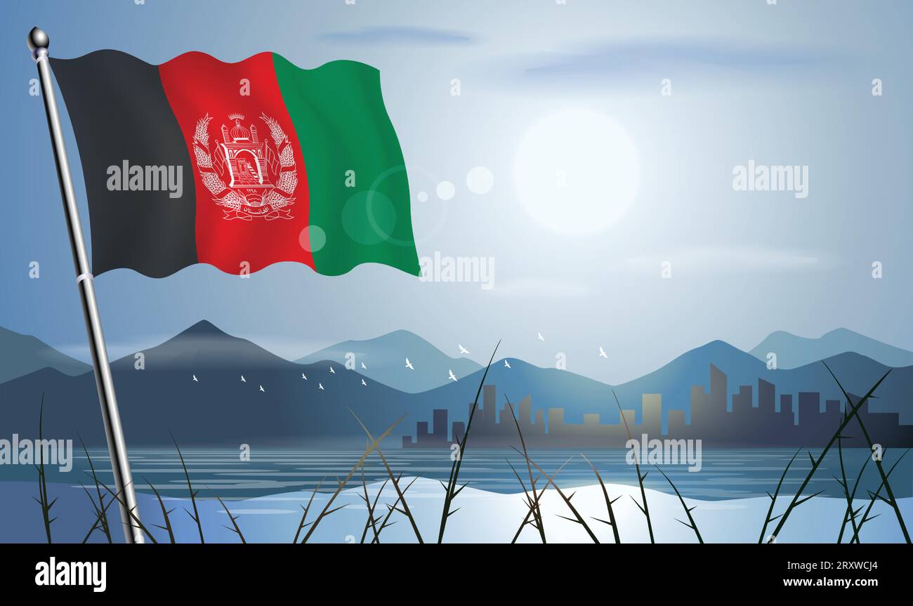 Bandiera dell'Afghanistan con sfondo solare di montagne e laghi Illustrazione Vettoriale