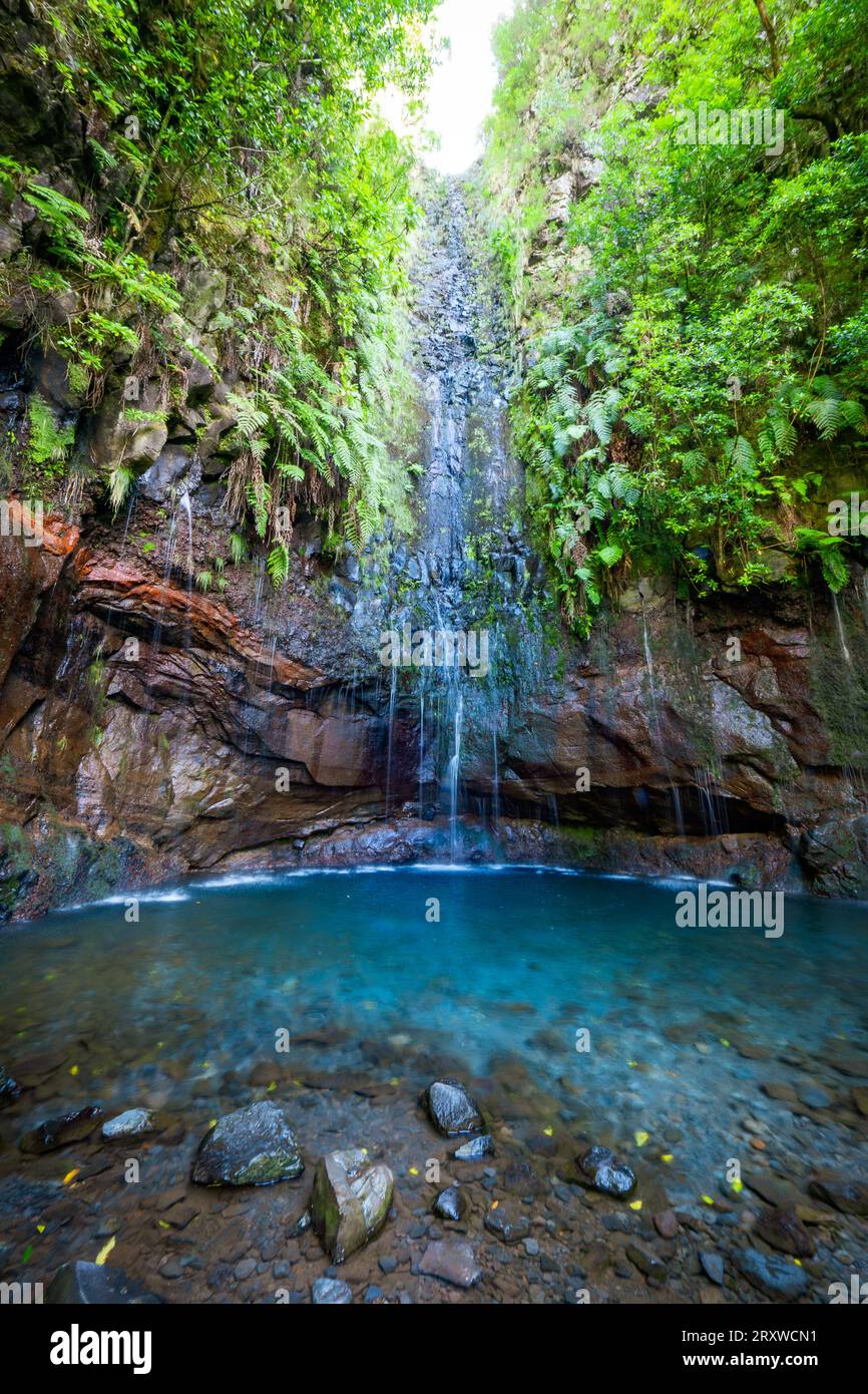 Vista panoramica della laguna alla fine del sentiero escursionistico Levada das 25 Fontes, dove una cascata scende lungo le scogliere sovradimensionate, Madeira, Portogallo Foto Stock