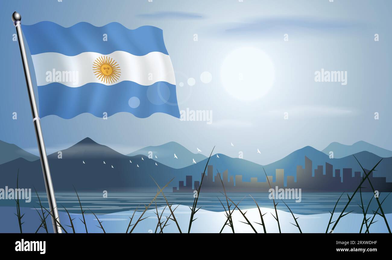 Bandiera argentina con sfondo soleggiato di montagne e laghi Illustrazione Vettoriale