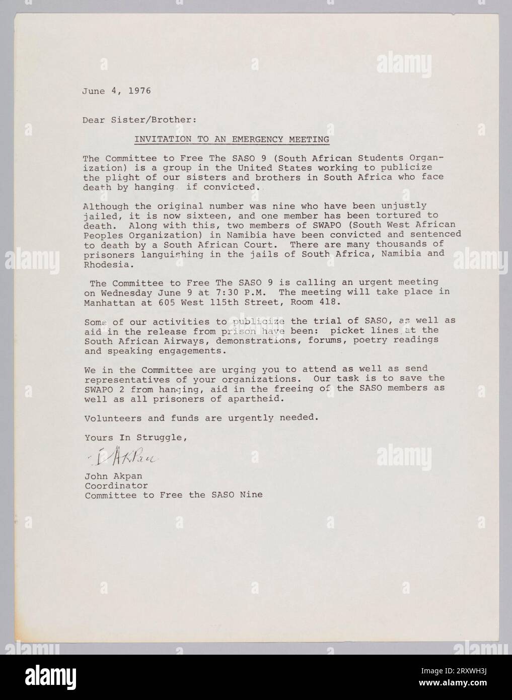 Lettera di invito del comitato a liberare la SASO 9 4 giugno 1976 Foto Stock
