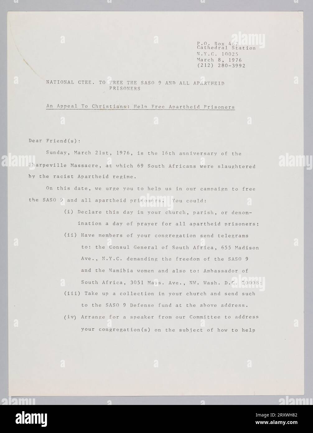 Lettera del Comitato per liberare la SASO 9 marzo 1976 Foto Stock