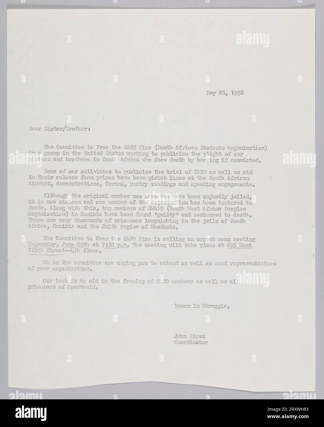 Lettera sulle attività del Comitato per la liberazione della SASO 9 maggio 28, 1976 Foto Stock