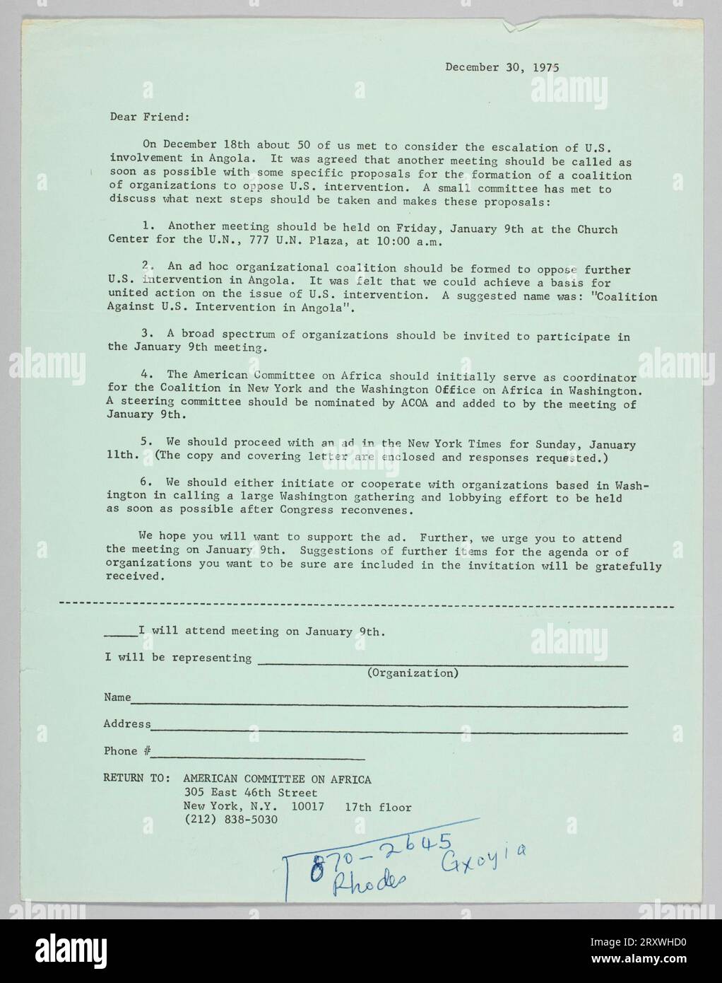 Lettera di annuncio della riunione per opporsi all'intervento degli Stati Uniti in Angola il 30 dicembre 1975 Foto Stock