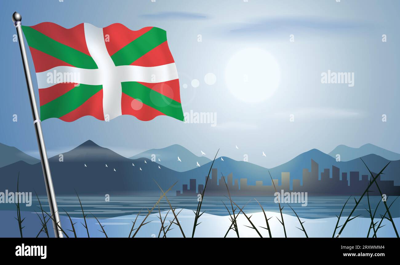 Bandiera basca con sfondo soleggiato di montagne e laghi Illustrazione Vettoriale