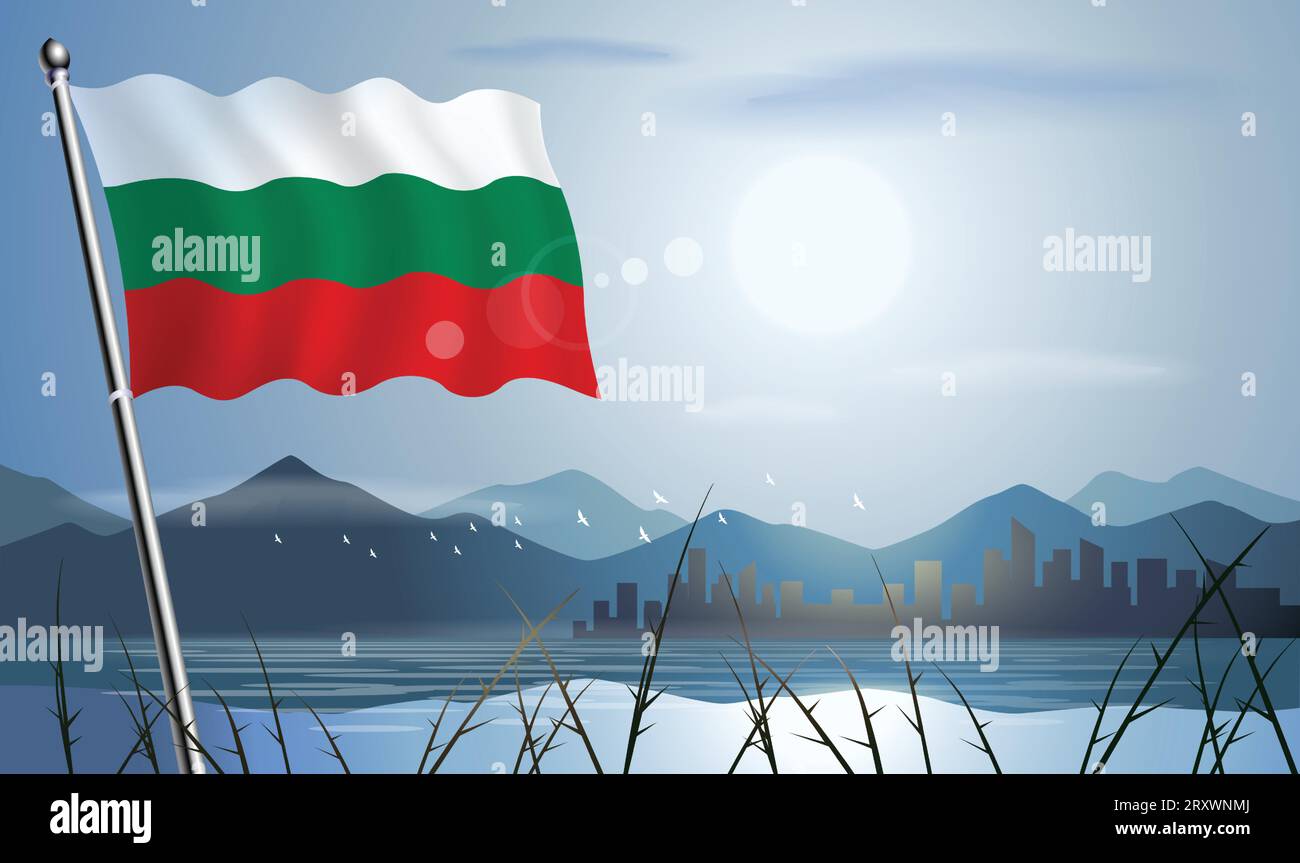 Bandiera bulgara con sfondo solare di montagne e laghi Illustrazione Vettoriale