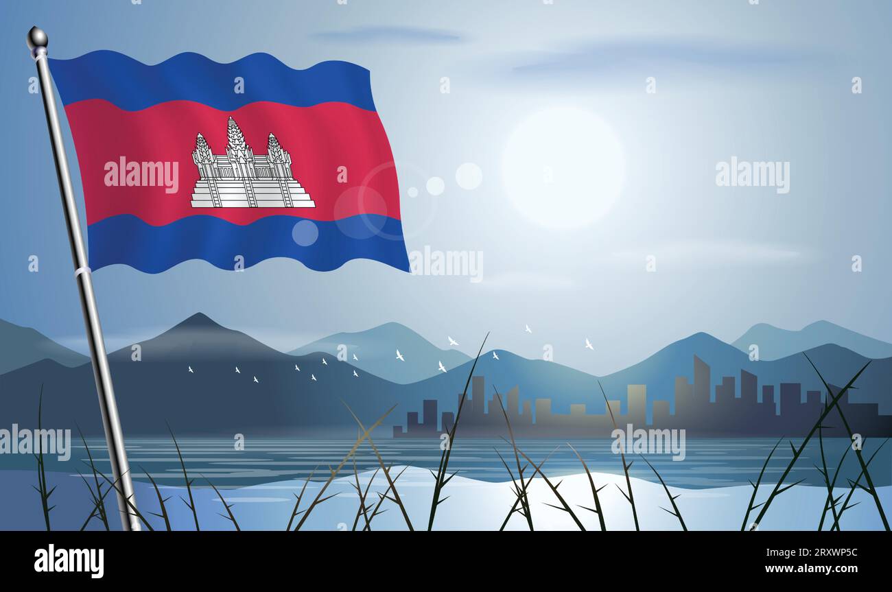 Bandiera cambogiana con sfondo solare di montagne e laghi Illustrazione Vettoriale